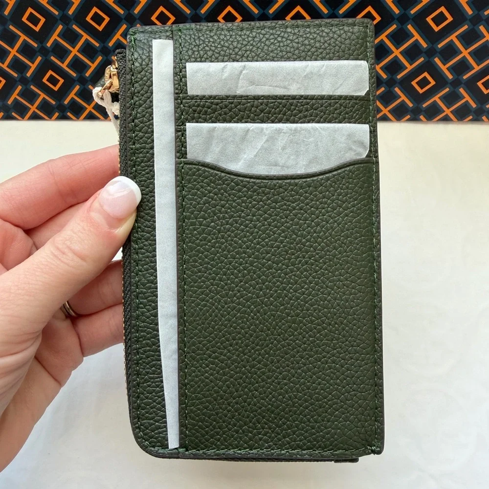 Tory Burch Blake Zip Card Case Basil Gold Green